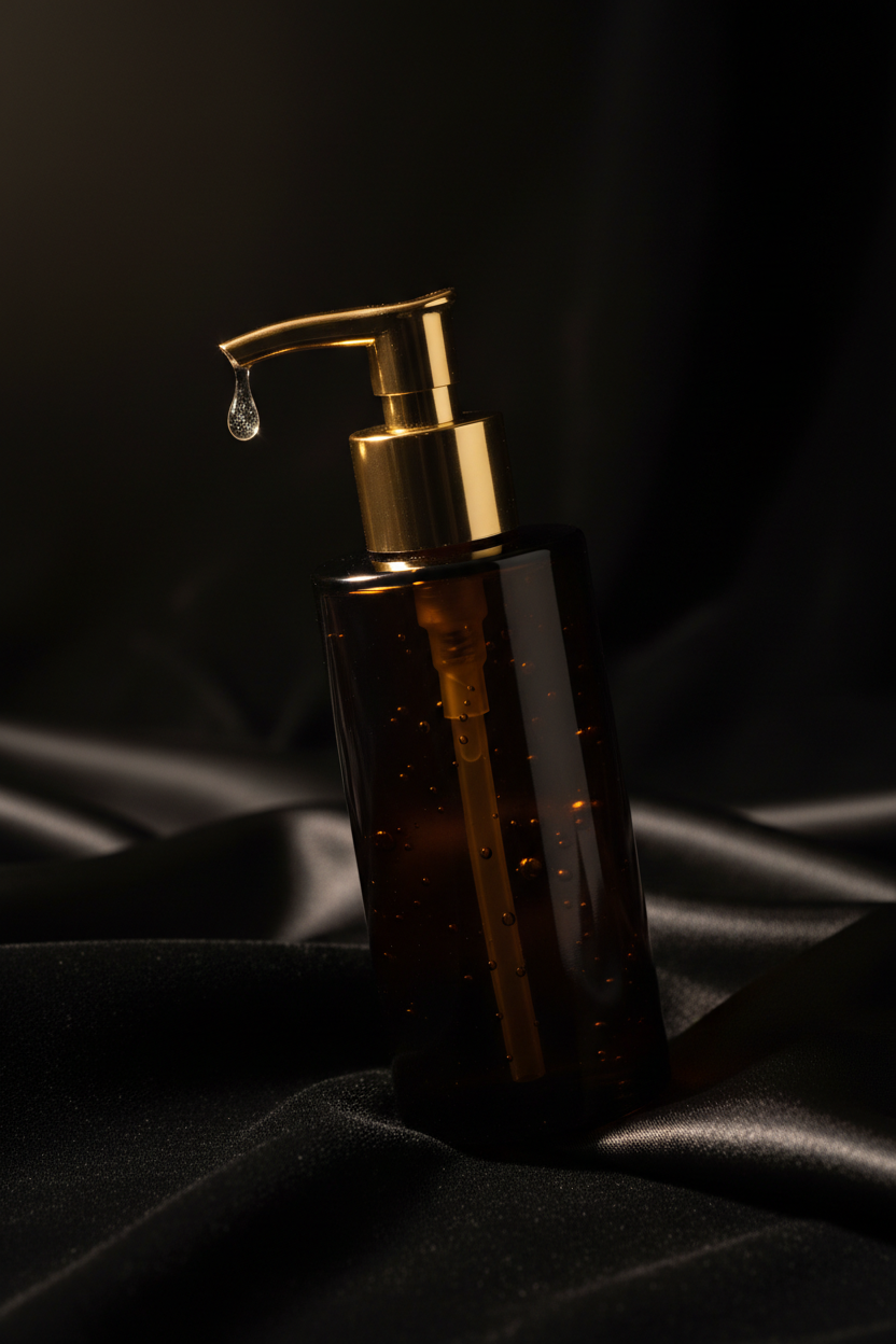 Lubrifiant anal – flacon élégant sur velours noir avec éclairage chaud doré, guide complet pour choisir le meilleur lubrifiant anal base eau, silicone ou hybride