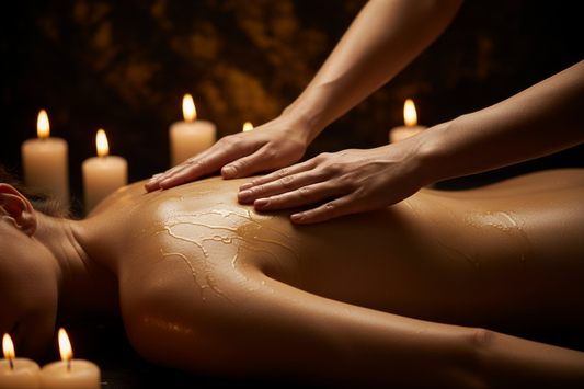 Mains posées sur un dos lors d'un massage érotique, ambiance à la bougie